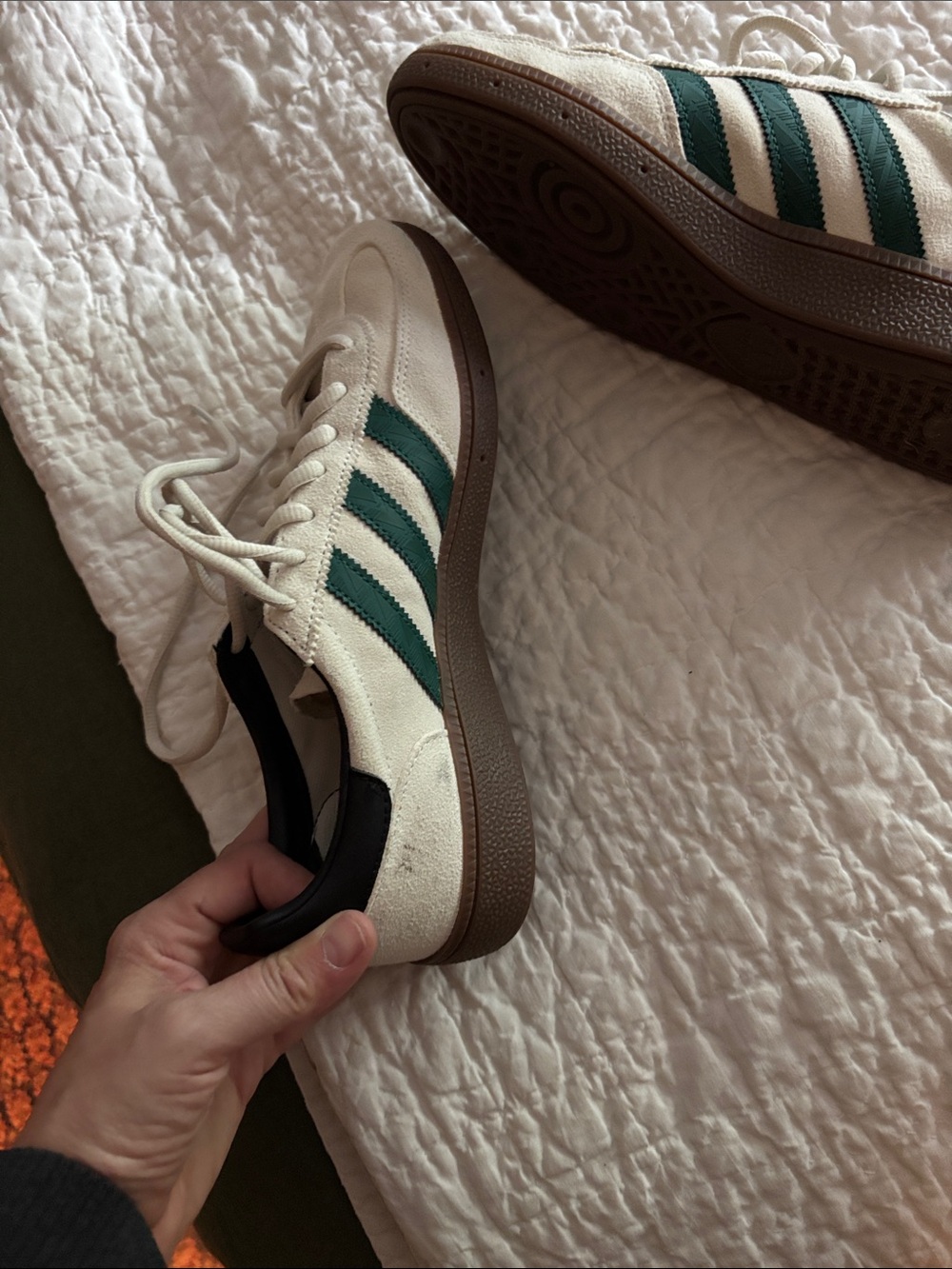 adidas women’s handball spezial in Off-White with green Stripes